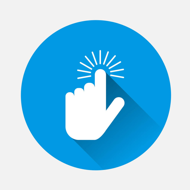 The hand clicks on the button. Cursor Icon on blue background. Flat image cursor icon with long shadow. Layers grouped for easy editing illustration. For your design. - Vector, Image