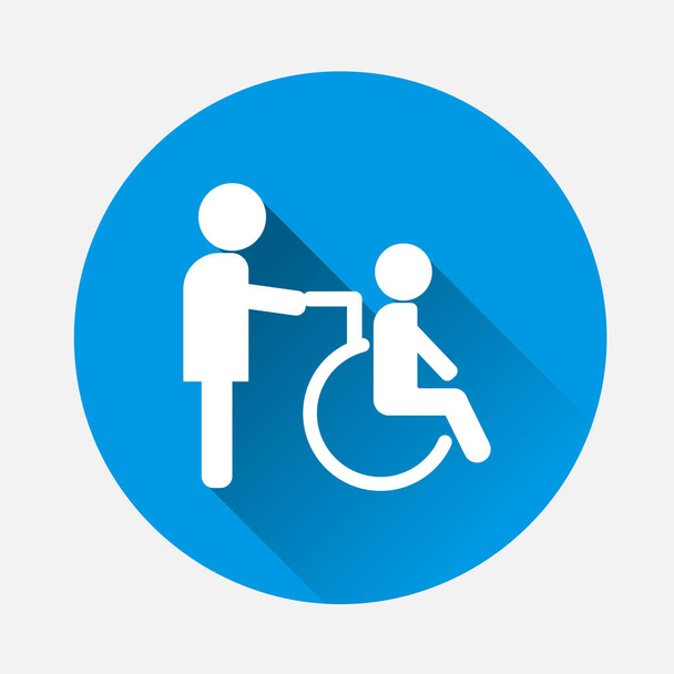 Vector afbeelding van een gehandicapte persoon. Vector illustratie rolstoel pictogram op blauwe achtergrond. Installatiekopie zonder submappen rolstoel pictogram met lange schaduw. Lagen gegroepeerd voor gemakkelijk bewerken Illustratie. Voor uw ontwerp. - Vector, afbeelding