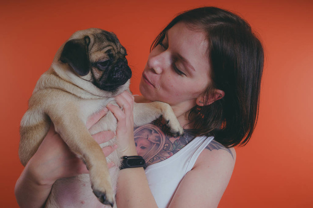 Beautiful girl with tattoo holding cute pug puppy on her hands, on orange background. The concept of friendship between man and dog. - Photo, image