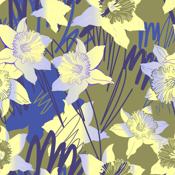 Floral seamless pattern with hand drawn spring flowers daffodils - Vektor, Bild