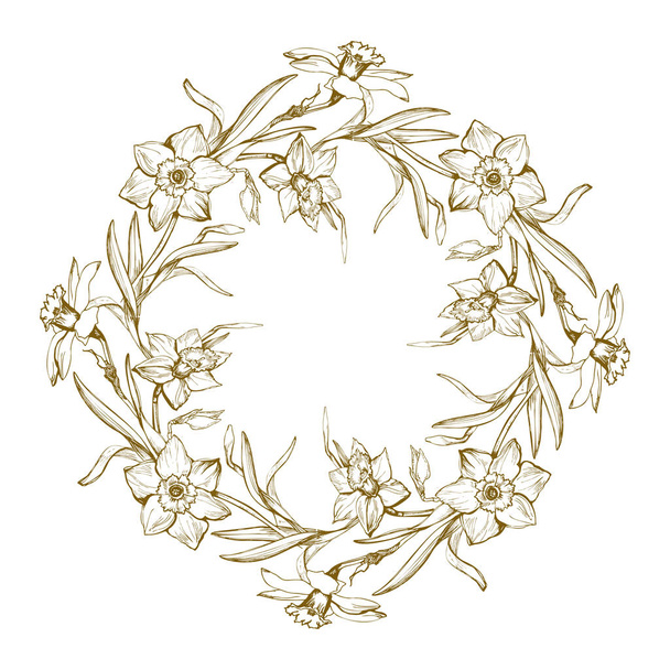 Floral wreath with hand drawn flowers daffodils, narcissus - Vektor, kép