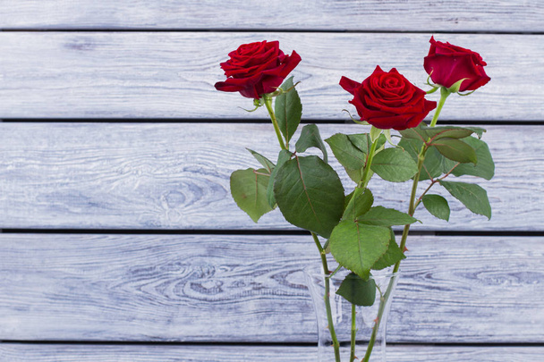 Three fresh roses on wooden background. - Foto, Imagem