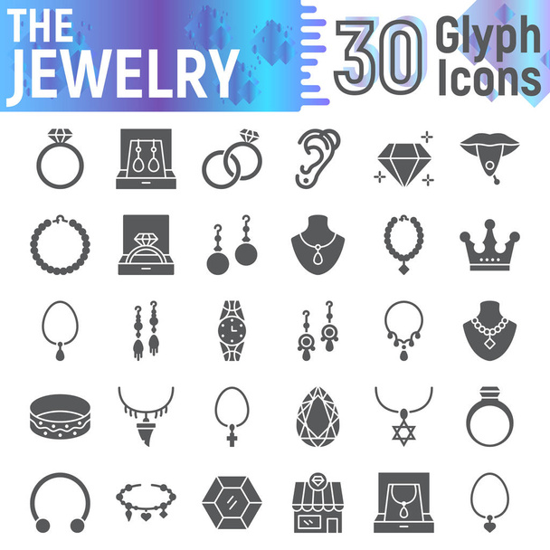 Jewelry glyph icon set, accessory symbols collection, vector sketches, logo illustrations, jewel signs solid pictograms package isolated on white background. - Vector, Image