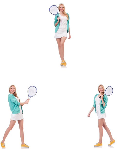 Молода красива леді грає в теніс ізольовано на білому
  - Фото, зображення