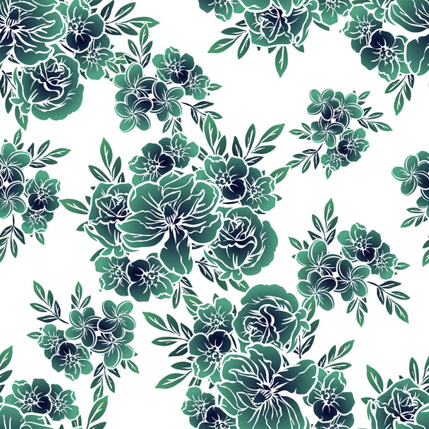 Seamless vintage style monochrome green colored flower pattern. Floral elements. - Vettoriali, immagini