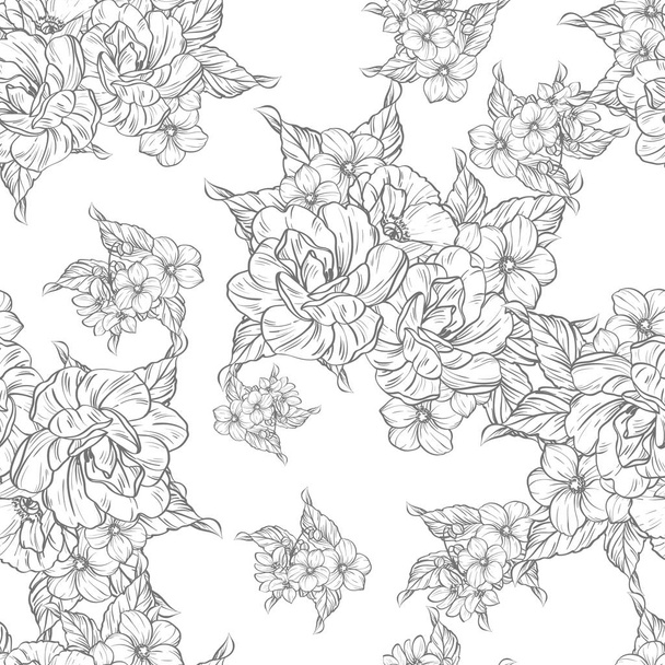 Seamless vintage style flower pattern. Floral elements in black and white. - Vektör, Görsel