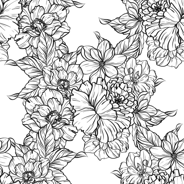 Seamless vintage style flower pattern. Floral elements in black and white. - Διάνυσμα, εικόνα