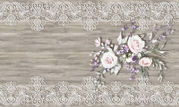 3d wallpaper, roses bouquet and white ornamental lace on wooden background. Classic Provence Style - Valokuva, kuva