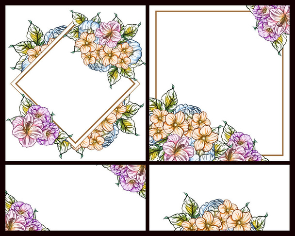 Vintage style flower love cards set. Floral elements and frames. - Vektor, Bild