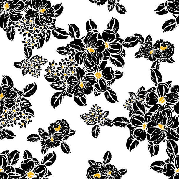 Seamless vintage style flower pattern. Floral elements in black, white and yellow. - Vector, Image