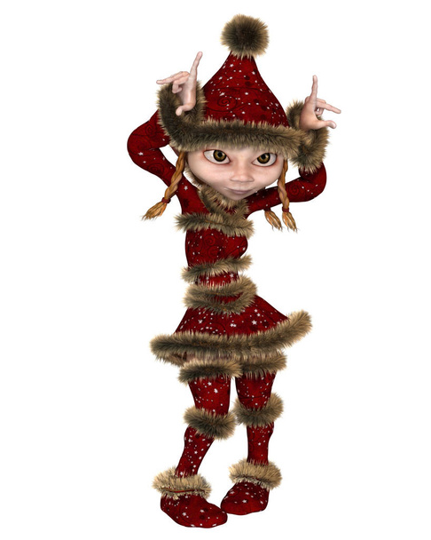 Fantezi illüstrasyon giyen bir santa şapka şenlikli, 3d dijital olarak işlenmiş illüstrasyon oynak Noel elf veya küçük şeytan kız - Fotoğraf, Görsel