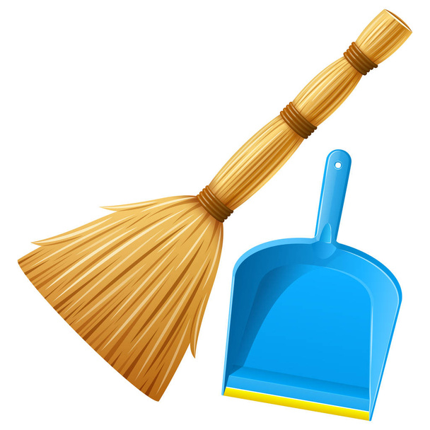 Realistic blue plastic dustpan with broom for cleaning garbage. - Vector, Image