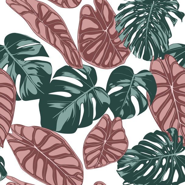 Tropical Jungle Leaves. Vector Seamless Pattern. Philodendron or Monstera Plant Repeating Background for Textile, Wallpaper, Summer Decoration. Floral Seamless Pattern with Alocasia and Monstera Leaf. - Vector, Image