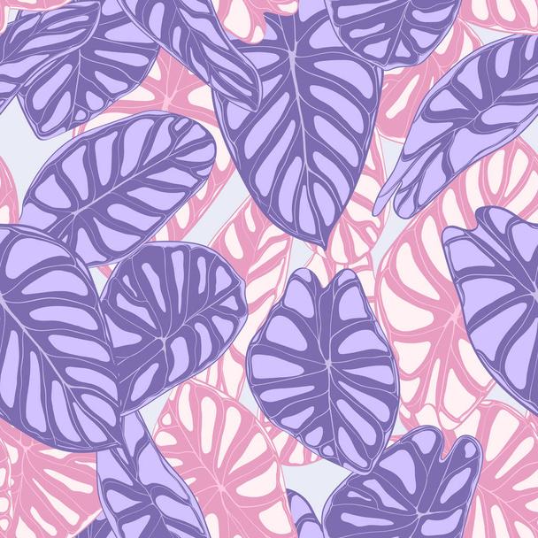 紫の色デザインでシームレスなジャングル パターン。水彩風のベクトル北回帰線を残します。様式化された植物のクワズイモと背景。エキゾチックな葉。布のデザイン、ファブリックのシームレスな熱帯パターン. - ベクター画像