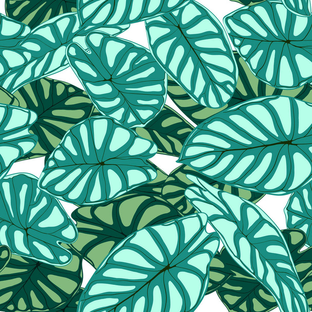 Seamless Tropical Pattern. Trendy Background with Rain Forest Plants. Vector Leaf of Alocasia. Araceae. Handwritten Jungle Foliage in Watercolor Style. Seamless Exotic Pattern for Textile, Fabric. - Вектор,изображение