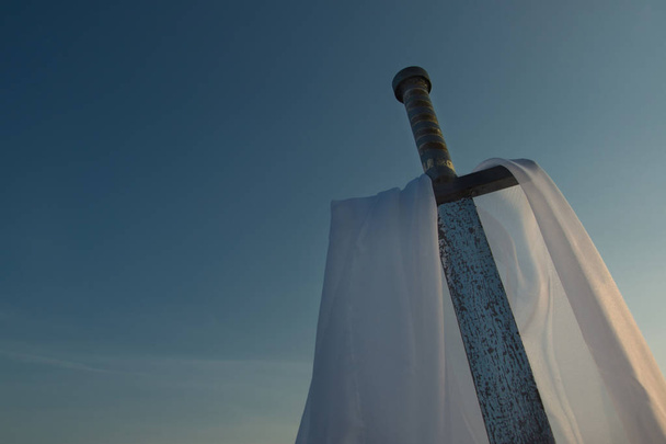 War symbol. Medieval knight sword in a summer fiel - Photo, Image