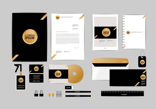 la plantilla de identidad corporativa de oro, negro y plata para su negocio incluye cubierta de CD, tarjeta de visita, carpeta, regla, sobres y diseños de cabeza de carta 7
 - Vector, imagen