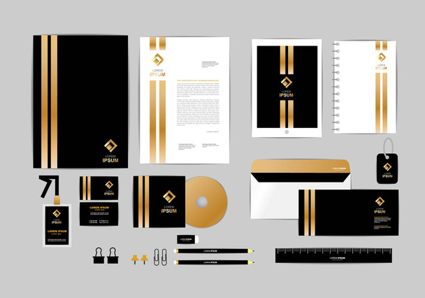 шаблон фирменного стиля из золота, черного и серебра для Вашего бизнеса включает в себя обложку компакт-дисков, визитную карточку, папку, линейку, конверт и букву головы рисунки 6
 - Вектор,изображение