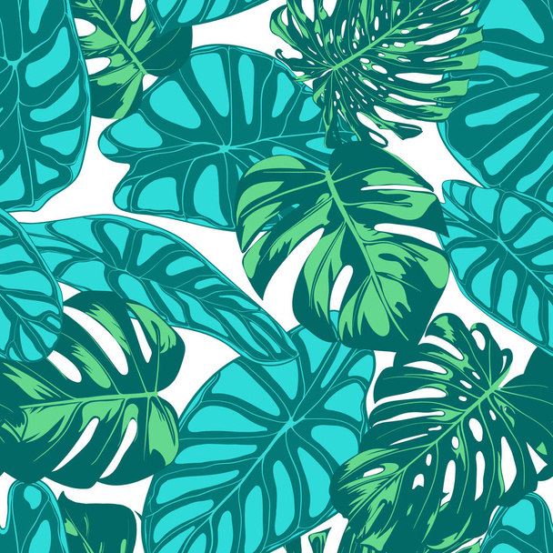 Seamless Vector Tropical Pattern. Monstera Palm Leaves and Alocasia. Jungle Foliage with Watercolor Effect. Exotic Hawaiian Textile Design. Seamless Tropical Background for Fabric, Dress, Paper, Print - Vector, Image