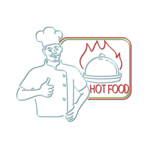 Retro style illustration showing a 1990s neon sign light signage lighting of a chef, cook or baker with thumbs up beside dish on flames or fire with sign Hot Food on isolated background. - Vector, Image