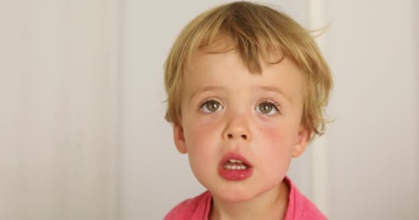 Πορτρέτο του μικρό γοητευτικό αγόρι με χρυσά μαλλιά και ρουζ κοιτώντας ψηλά σε λευκό φόντο - Πλάνα, βίντεο