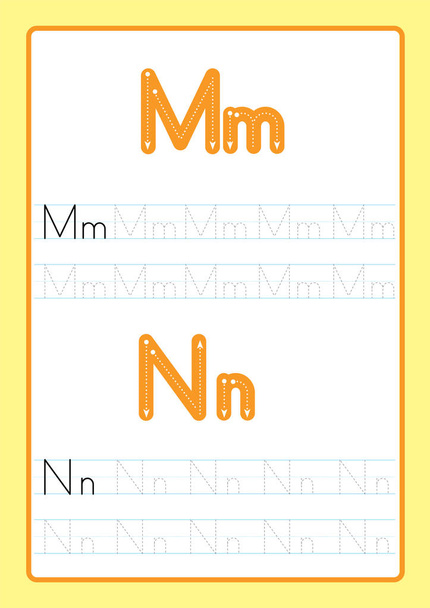 ABC aakkoset kirjaimet jäljittäminen laskentataulukko aakkosilla kirjaimia. Peruskirjoituskäytäntö lastentarhan lapsille A4-paperi valmis tulostamaan vektorin kuva
 - Vektori, kuva