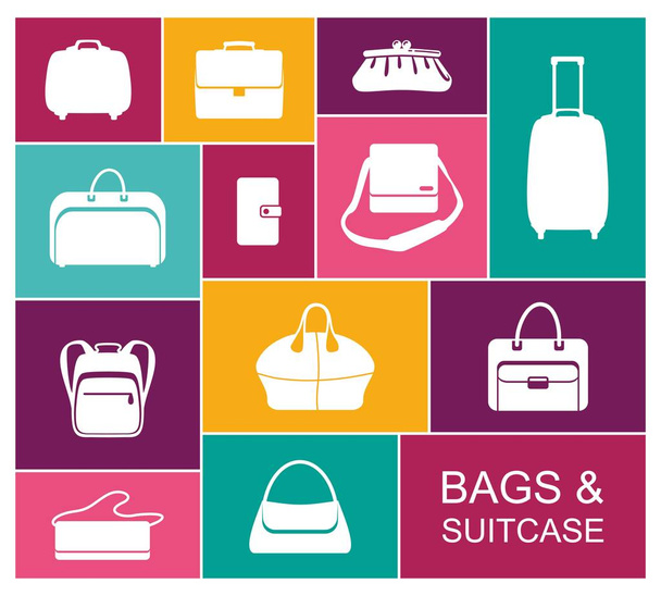 Векторный набор сумок, рюкзаков и чемоданов. Плоские иконки
 - Вектор,изображение