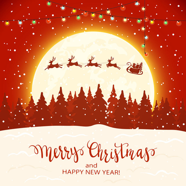 Père Noël sur un traîneau avec des cerfs volant au-dessus de la forêt. Lettrage Joyeux Noël et bonne année sur fond neigeux rouge, illustration
. - Vecteur, image