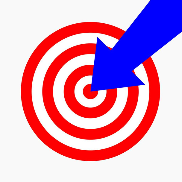 Векторная иллюстрация бычьих глаз с большой синей стрелкой, указывающей в центр, представляющей метафору успеха бизнеса - изолированная на белом фоне
 - Вектор,изображение