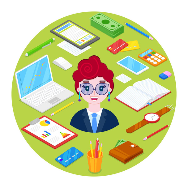 businesswoman and office stationary - Vector, Image