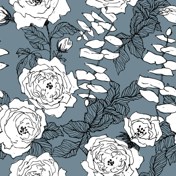 Seamless pattern of wild roses blossom branch isolated on dark blue. Vintage botanical hand drawn illustration. Spring flowers of garden rose, dog rose. Vector design - Wektor, obraz