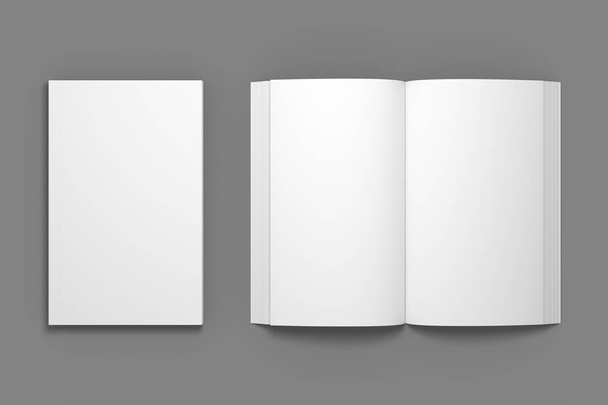 Leere Komposition aus geschlossenem Buch mit aufgeschlagenem. weiße 3D-Illustration von Buch-Attrappen in der Draufsicht. - Foto, Bild