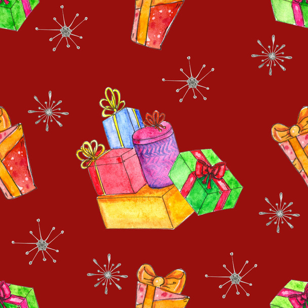 Patrón sin costuras de Navidad acuarela con regalos. Cajas de regalo pintadas a mano con cinta aislada sobre fondo rojo. Fondo de vacaciones
 - Foto, Imagen