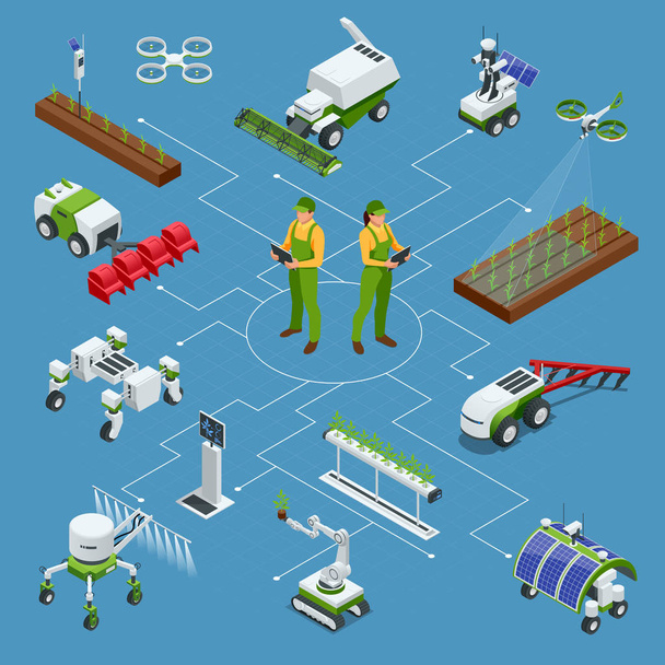 Isometric set of iot smart industry robot 4.0, robots in agriculture, farming robot, robot greenhouse. Agriculture smart farming technology vector illustration - Vektor, obrázek