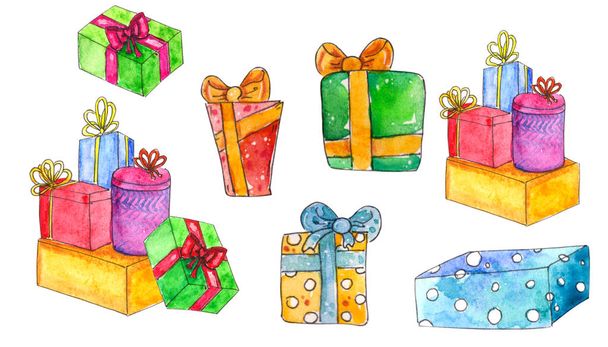 Watercolor Christmas presents. Hand painted bright gift boxes with ribbon isolated on white background. Holiday clip art for design, print or background - Photo, Image