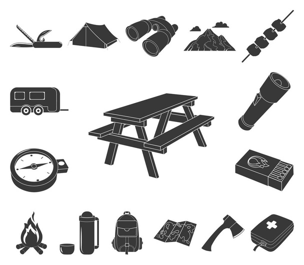 Descanse en los iconos de camping negro en la colección de conjuntos para el diseño. Camping y equipo vector símbolo stock web ilustración
. - Vector, imagen