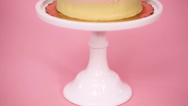 Tarta de cumpleaños Spumoni con velas de unicornio sobre fondo rosa
. - Metraje, vídeo