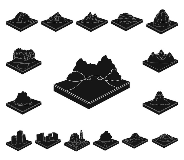 Mountains, massive black icons in set collection for design. The surface of the earth vector isometric symbol stock web illustration. - Vector, Image