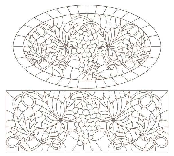 Série d'illustrations de contours en vitrail encadré de raisin, images ovales et rectangulaires, contours sombres sur fond blanc, orientation horizontale
 - Vecteur, image
