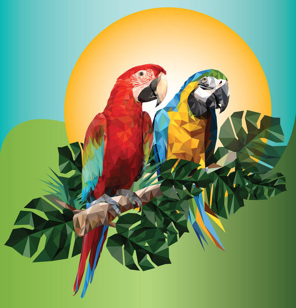 Illustration polygonale Zeichnung von grünen Flügeln und blauen und goldenen Ara-Vögeln mit tropischem Blatt. - Vektor, Bild