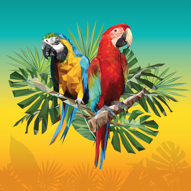 Иллюстрационный многоугольный рисунок зеленых крыльев и голубых и золотых ара-птиц с тропическим листом
. - Вектор,изображение