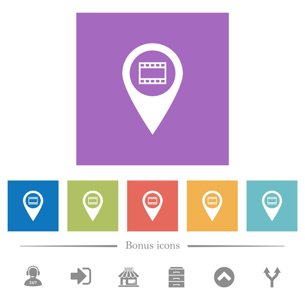 Cinema GPS map location flat white icons in square backgrounds. 6 bonus icons included. - Vector, Image