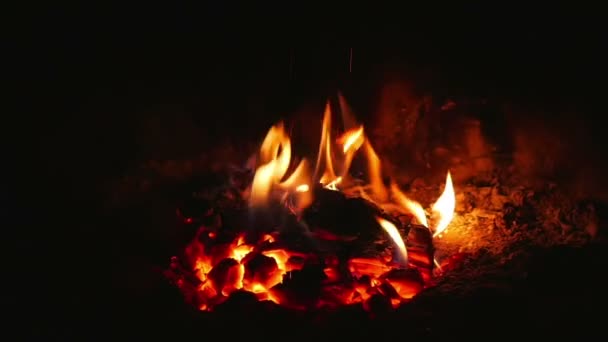 Oranje vlammen uit bijna verbrande Logboeken in de open haard in super slow motion. - Video