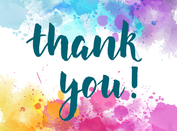 Thank you hand lettering phrase on watercolor imitation color splash background. Modern calligraphy inspirational quote. - ベクター画像