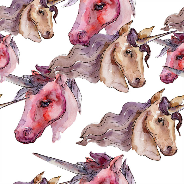 Cute unicorn watercolor illustration. Watercolour isolated seamless background pattern. Fabric wallpaper print texture. - Photo, Image