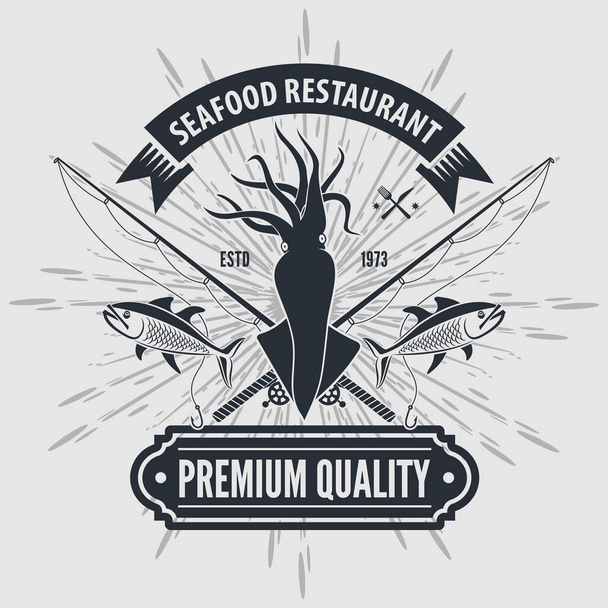 Λογότυπο εστιατόριο θαλασσινών με καλαμάρια και καλάμια ψαρέματος. Εκλεκτής ποιότητας διακριτικό σχέδιο. Εικονογράφηση διάνυσμα. - Διάνυσμα, εικόνα