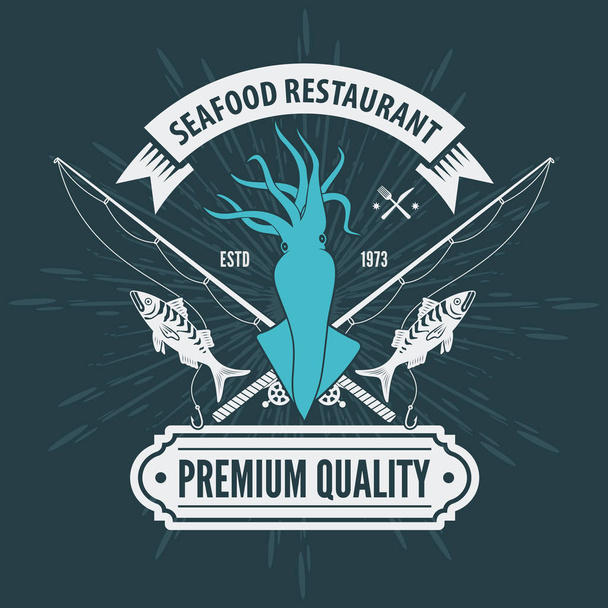Λογότυπο εστιατόριο θαλασσινών με καλαμάρια και καλάμια ψαρέματος. Εκλεκτής ποιότητας διακριτικό σχέδιο. Εικονογράφηση διάνυσμα.  - Διάνυσμα, εικόνα