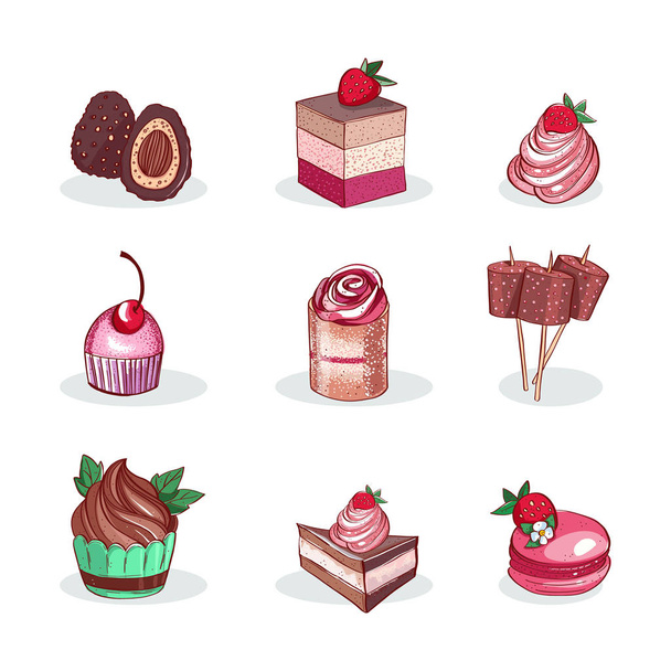 Set of delicious sweet desserts made of chocolate, strawberry and forest fruit. Glazed, stuffed and filled pastry in a confectionary or coffee shop cafe. Set of sweets. - Vektor, Bild