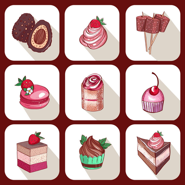 Set of delicious sweet desserts made of chocolate, strawberry and forest fruit. Glazed, stuffed and filled pastry in a confectionary or coffee shop cafe. Set of sweets. - Вектор, зображення