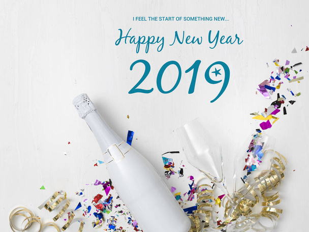 new year composition background of champagne bottle with glasses and decorative items  - Photo, image